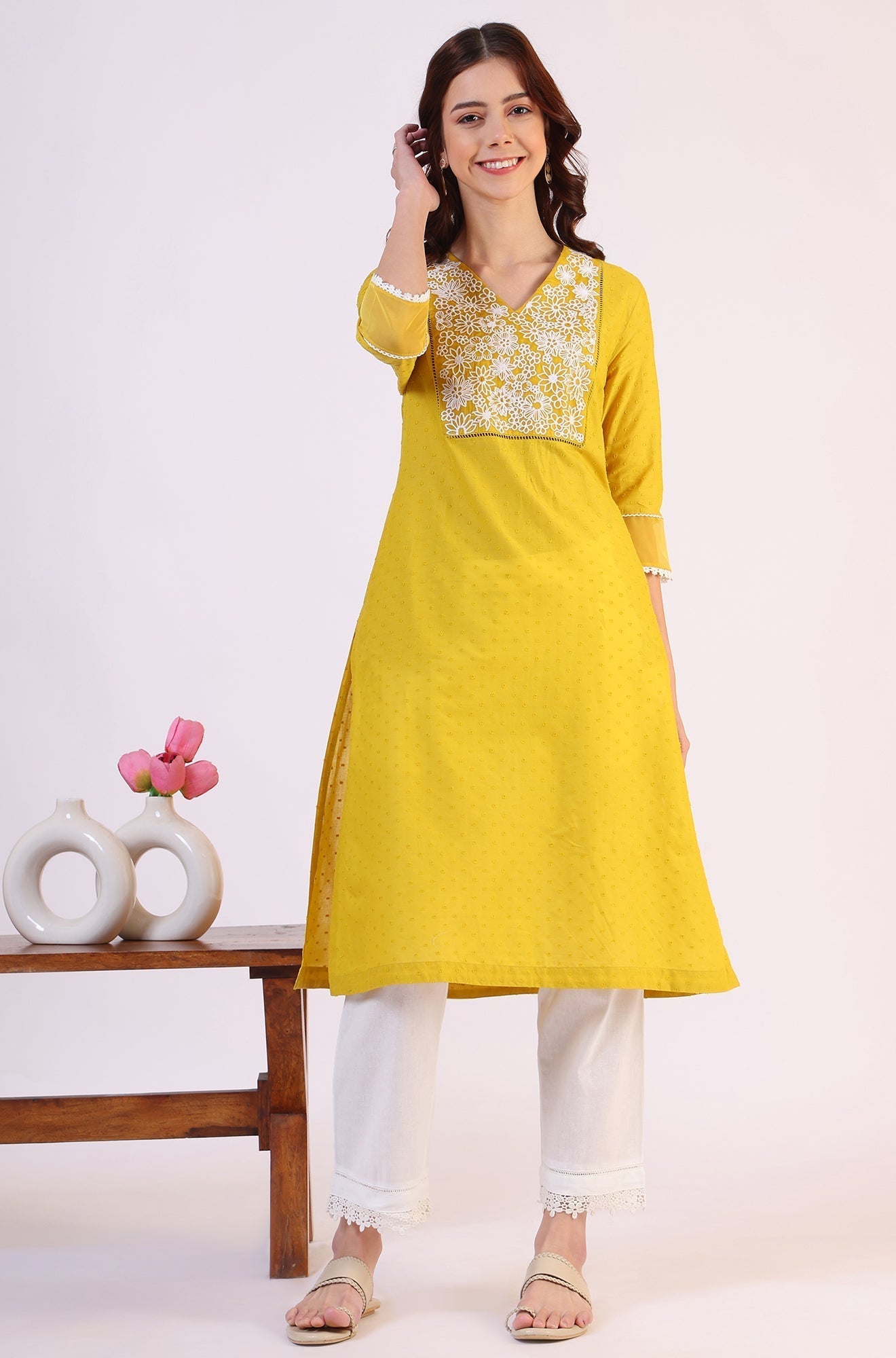 W for Woman Yellow Solid Straight Pure Cotton Kurta
