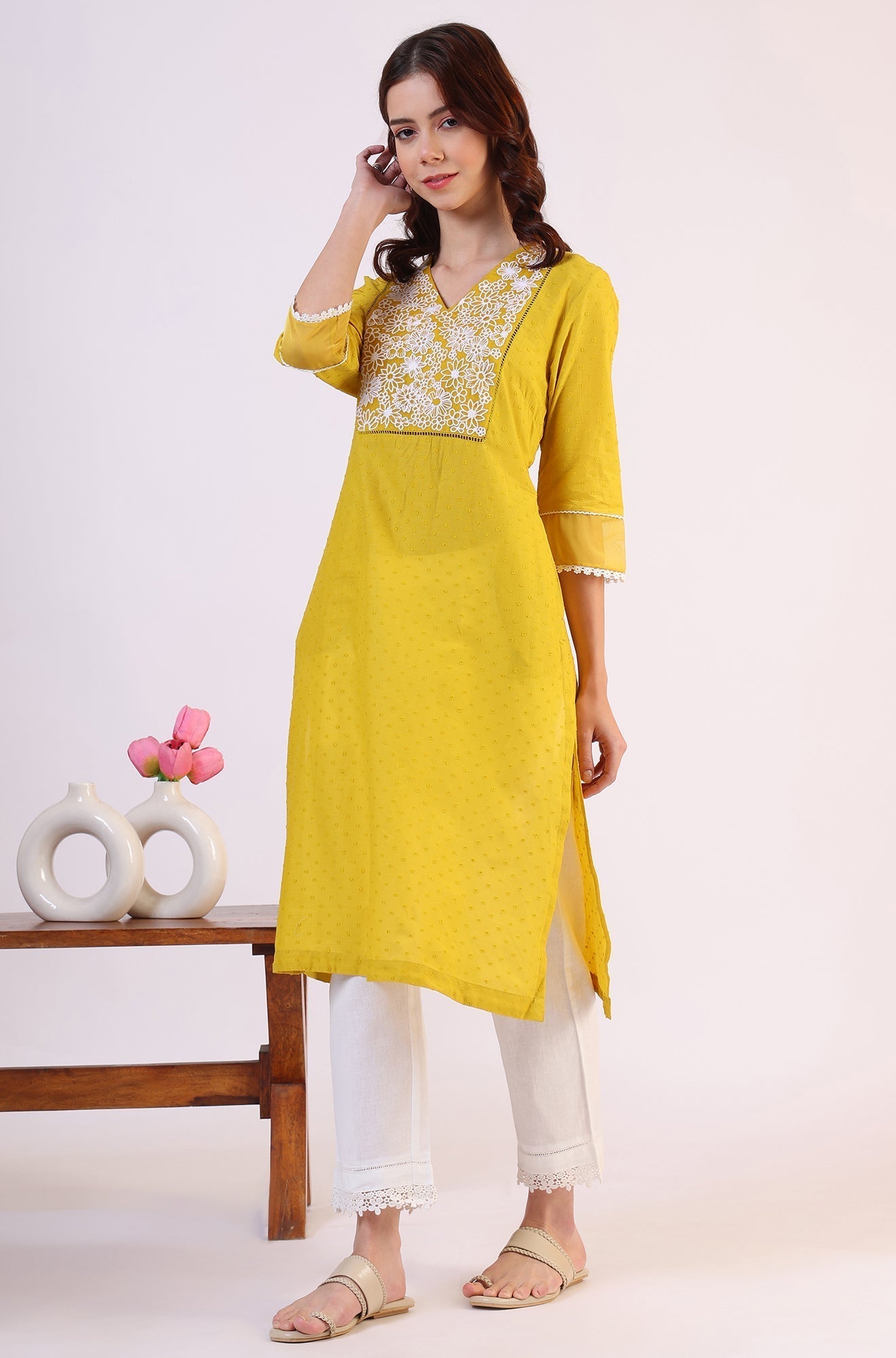 W for Woman Yellow Solid Straight Pure Cotton Kurta