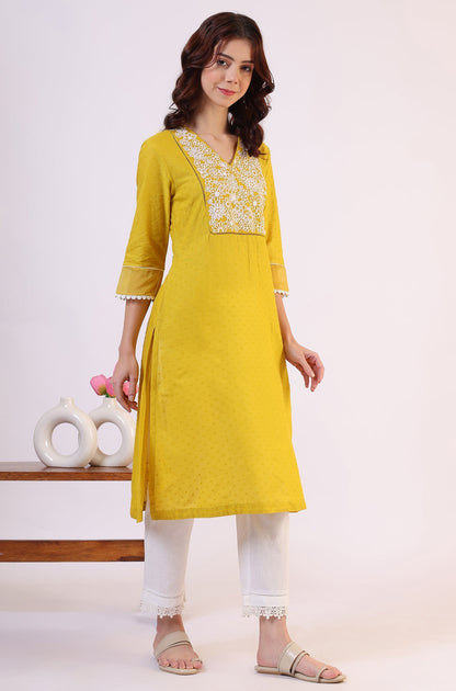W for Woman Yellow Solid Straight Pure Cotton Kurta