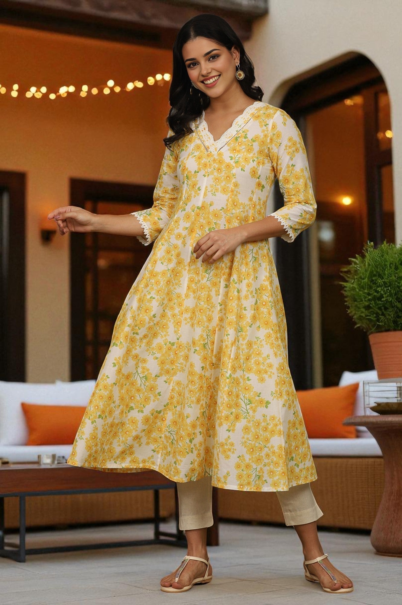 W for Woman White and Yellow Floral Printed Pure Cotton Flared Kurta