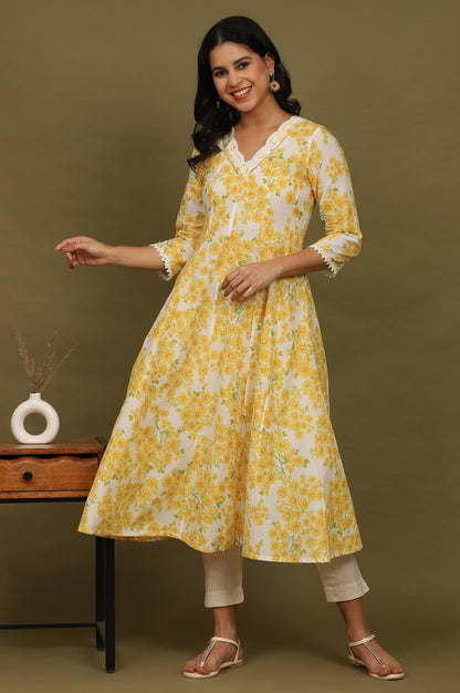 W for Woman White and Yellow Floral Printed Pure Cotton Flared Kurta