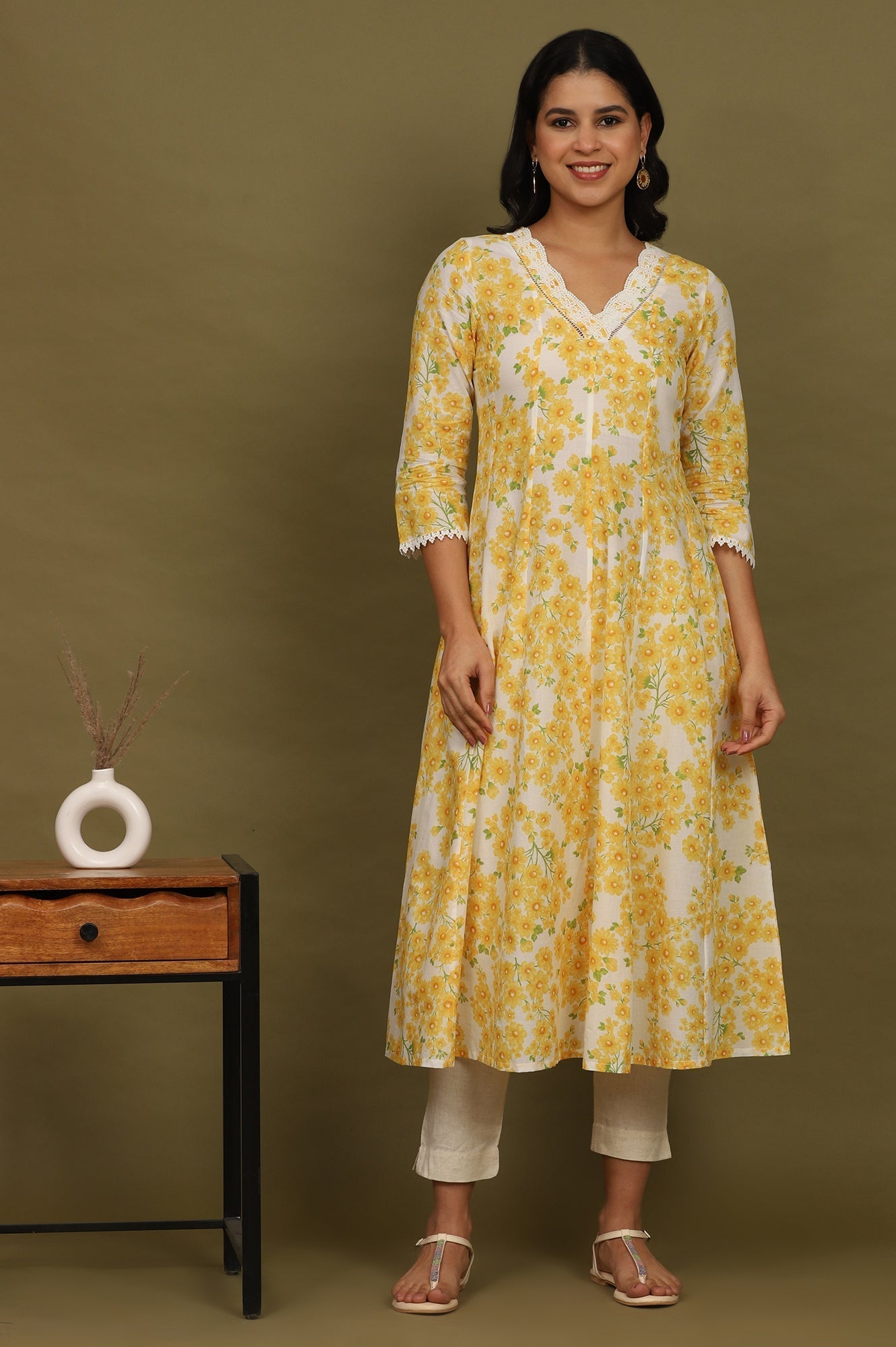 W for Woman White and Yellow Floral Printed Pure Cotton Flared Kurta
