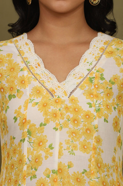 W for Woman White and Yellow Floral Printed Pure Cotton Flared Kurta