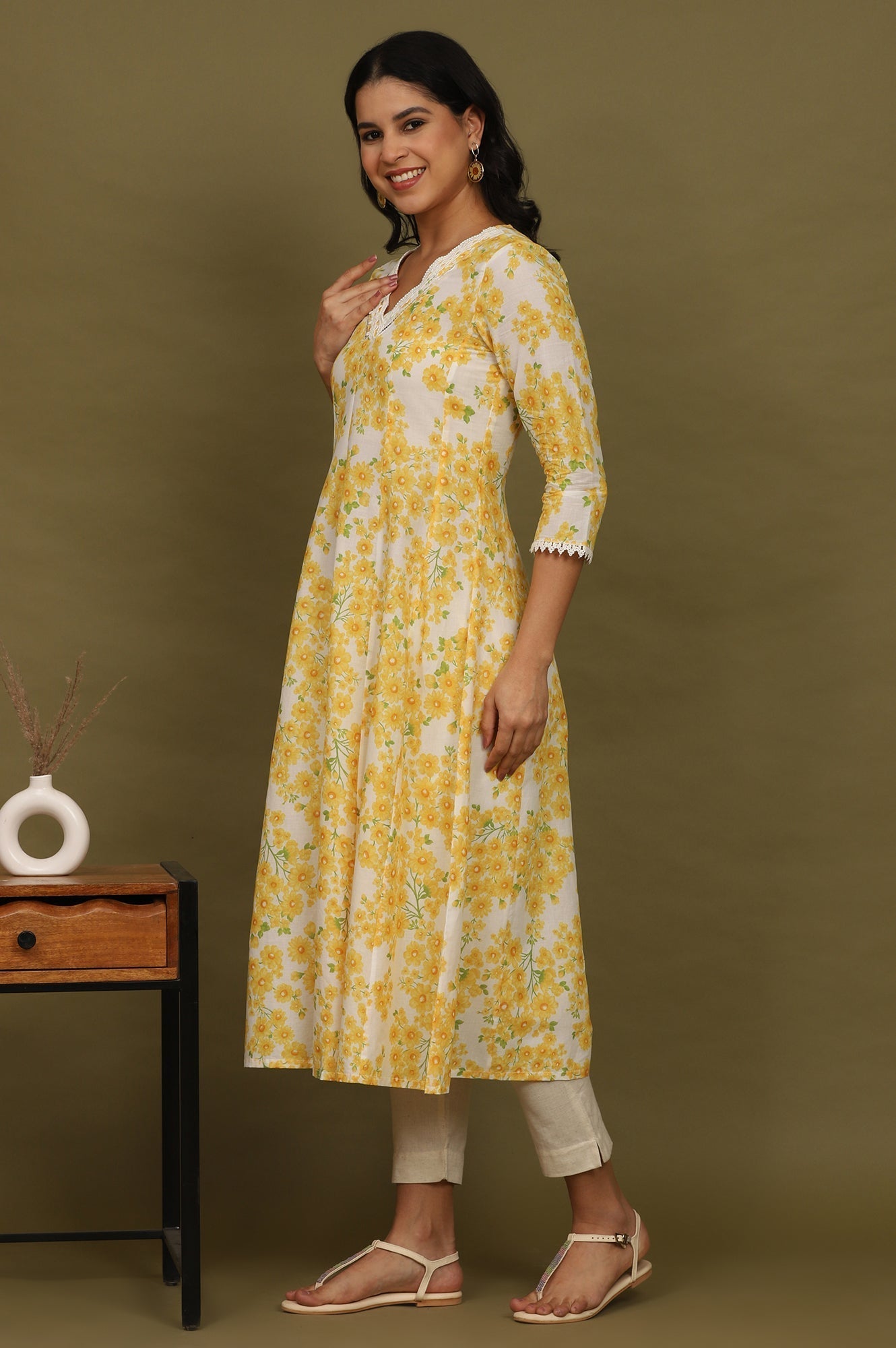 W for Woman White and Yellow Floral Printed Pure Cotton Flared Kurta