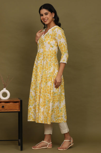 W for Woman White and Yellow Floral Printed Pure Cotton Flared Kurta