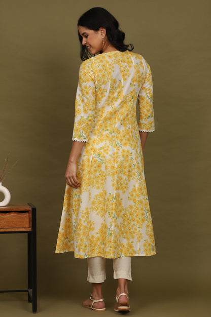 W for Woman White and Yellow Floral Printed Pure Cotton Flared Kurta