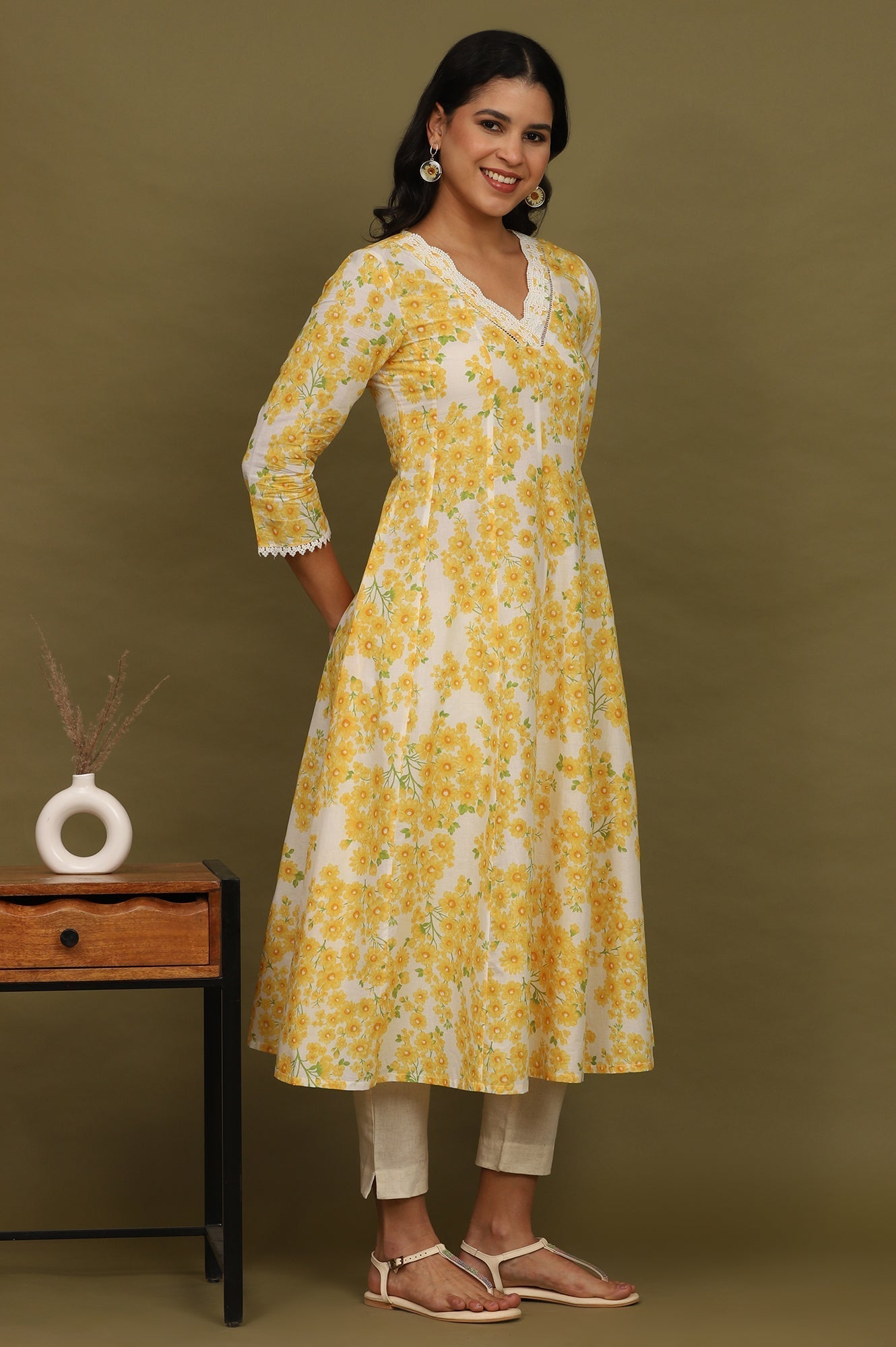 W for Woman White and Yellow Floral Printed Pure Cotton Flared Kurta