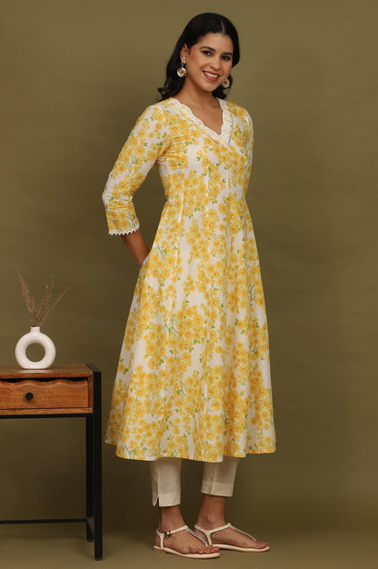 W for Woman White and Yellow Floral Printed Pure Cotton Flared Kurta