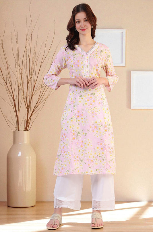 W for Woman Floral Printed Straight Pure Cotton Textured Kurta with Lace