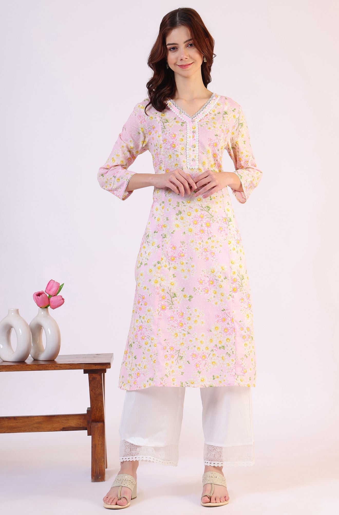 W for Woman Floral Printed Straight Pure Cotton Textured Kurta with Lace