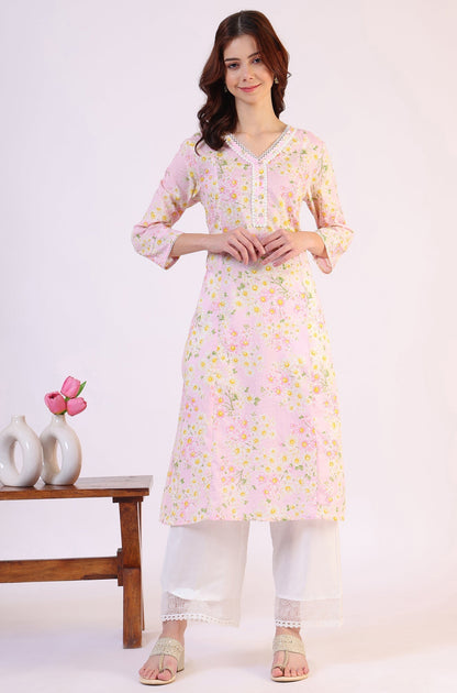 W for Woman Floral Printed Straight Pure Cotton Textured Kurta with Lace