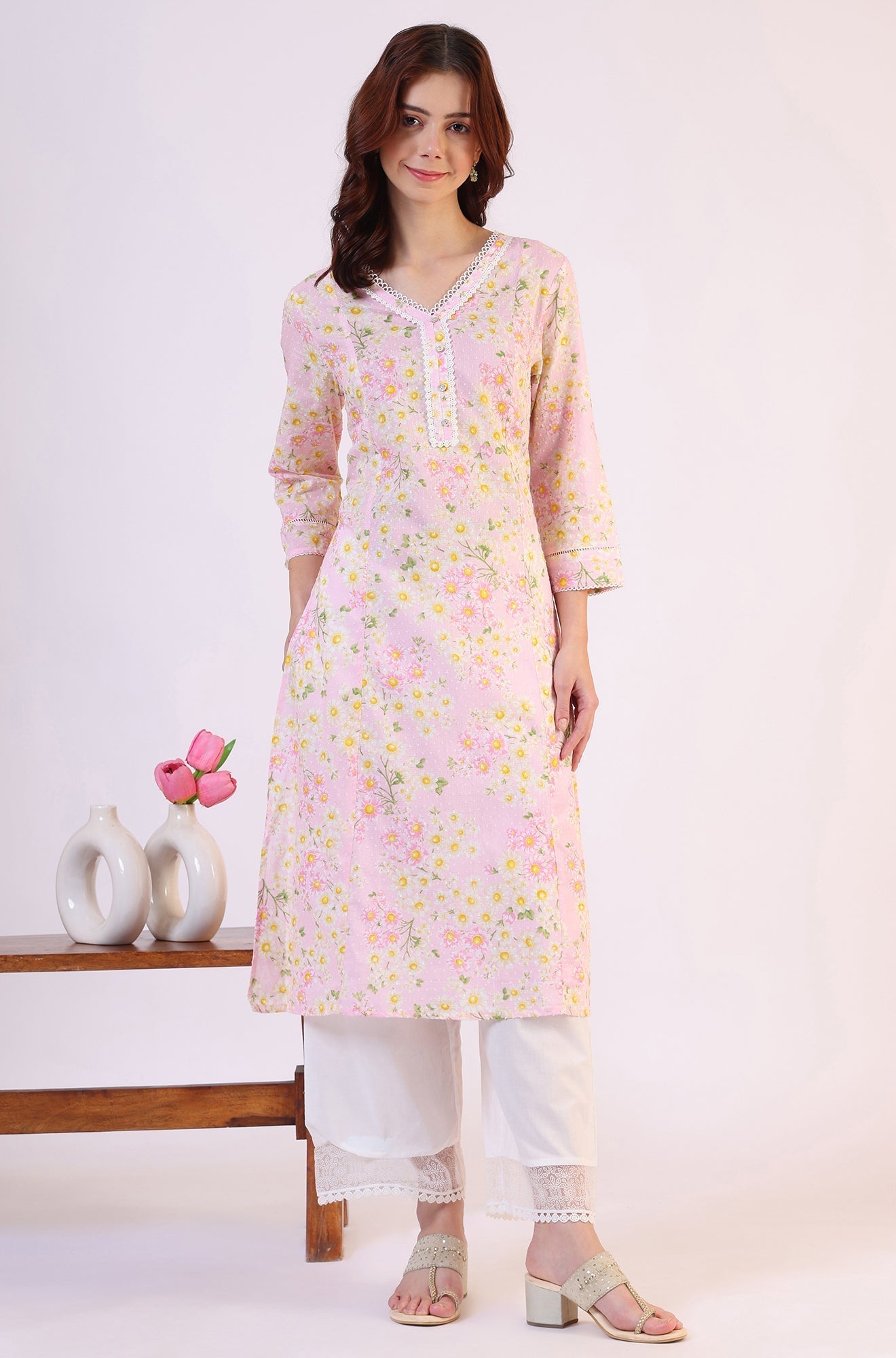 W for Woman Floral Printed Straight Pure Cotton Textured Kurta with Lace