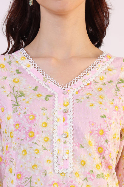 W for Woman Floral Printed Straight Pure Cotton Textured Kurta with Lace