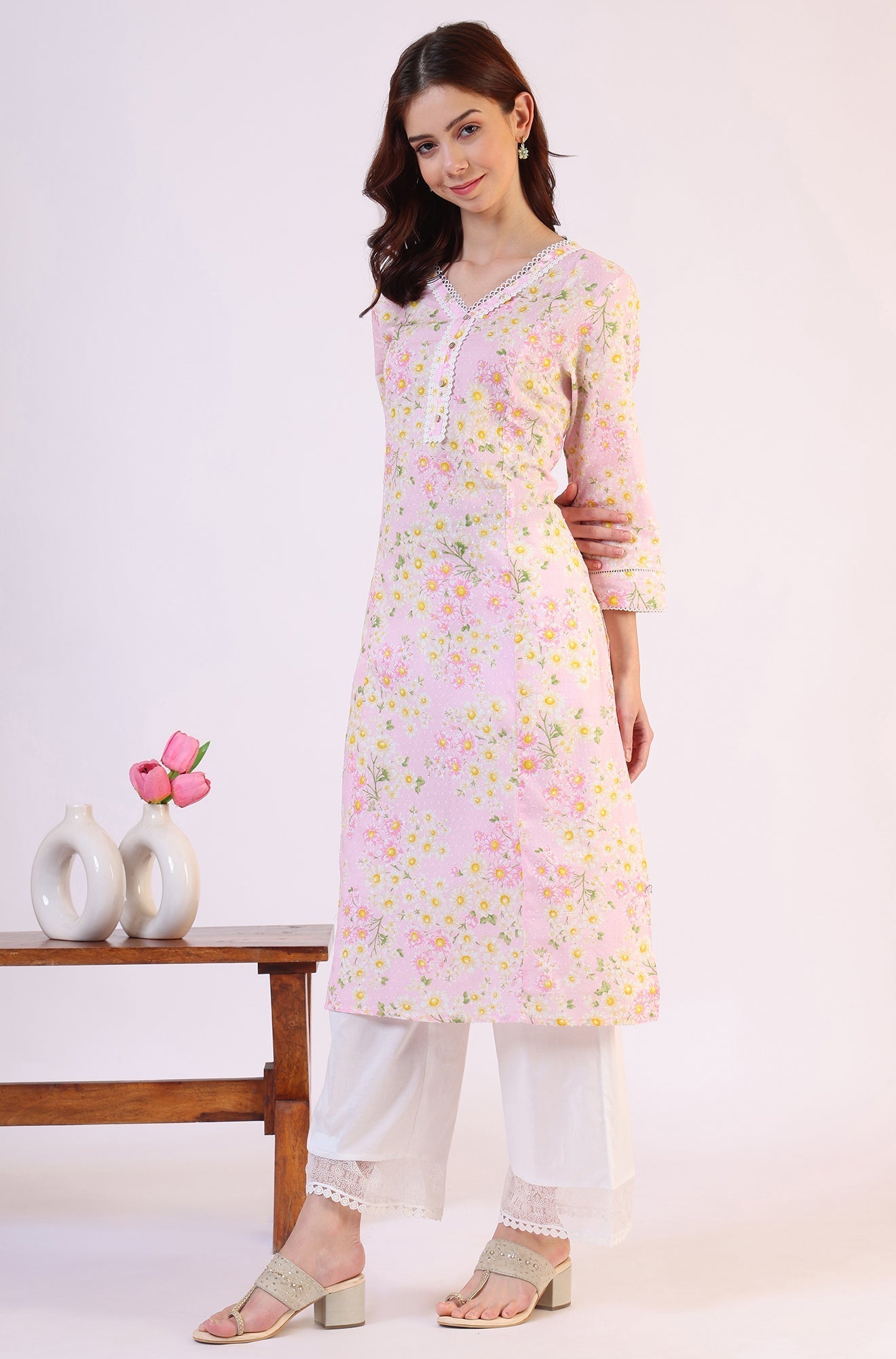 W for Woman Floral Printed Straight Pure Cotton Textured Kurta with Lace