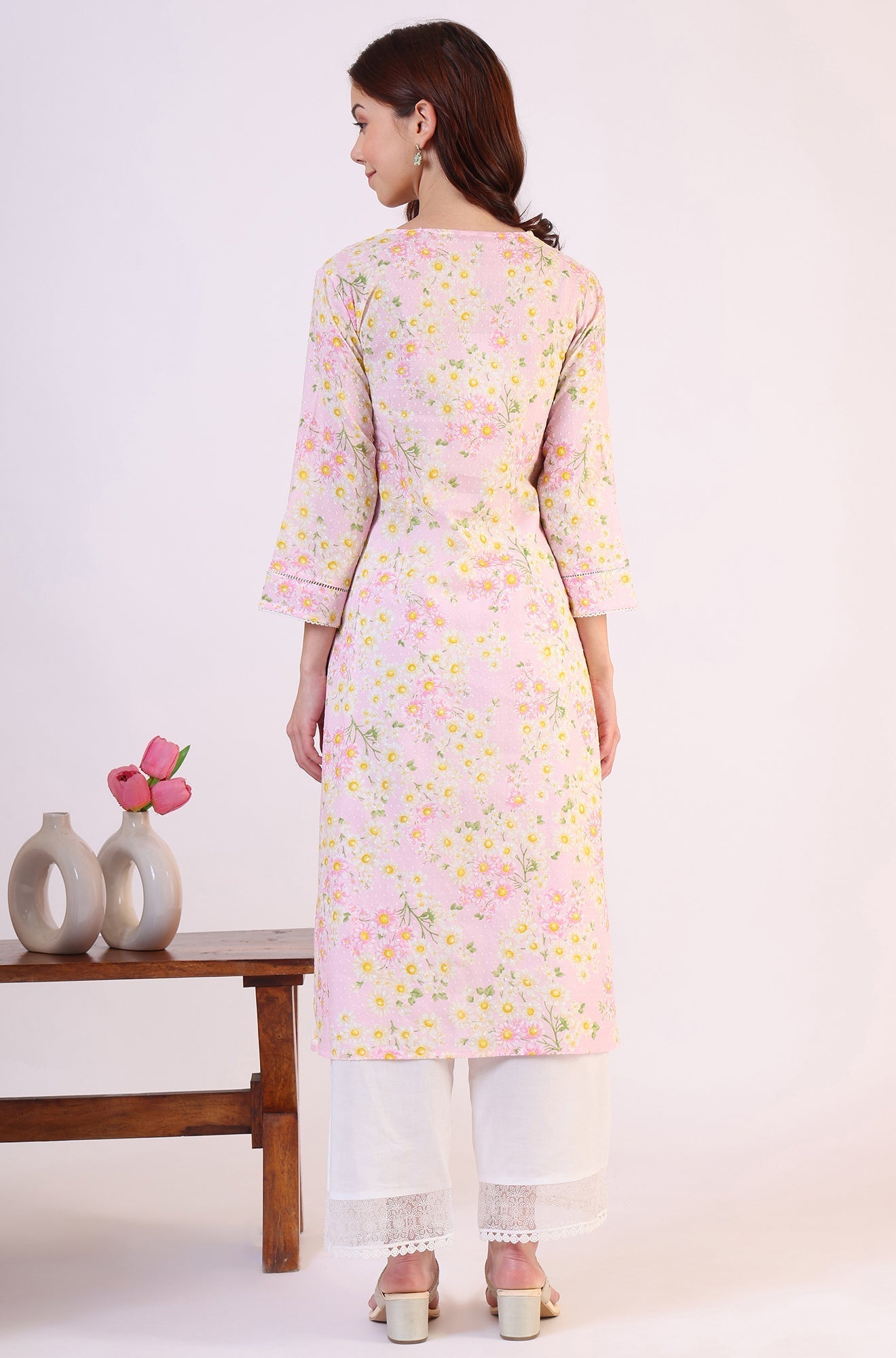 W for Woman Floral Printed Straight Pure Cotton Textured Kurta with Lace