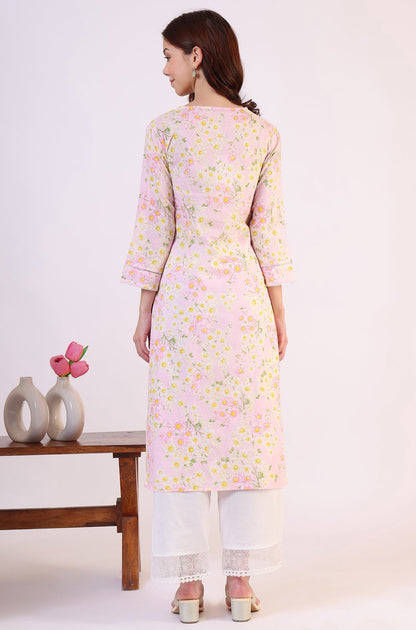 W for Woman Floral Printed Straight Pure Cotton Textured Kurta with Lace