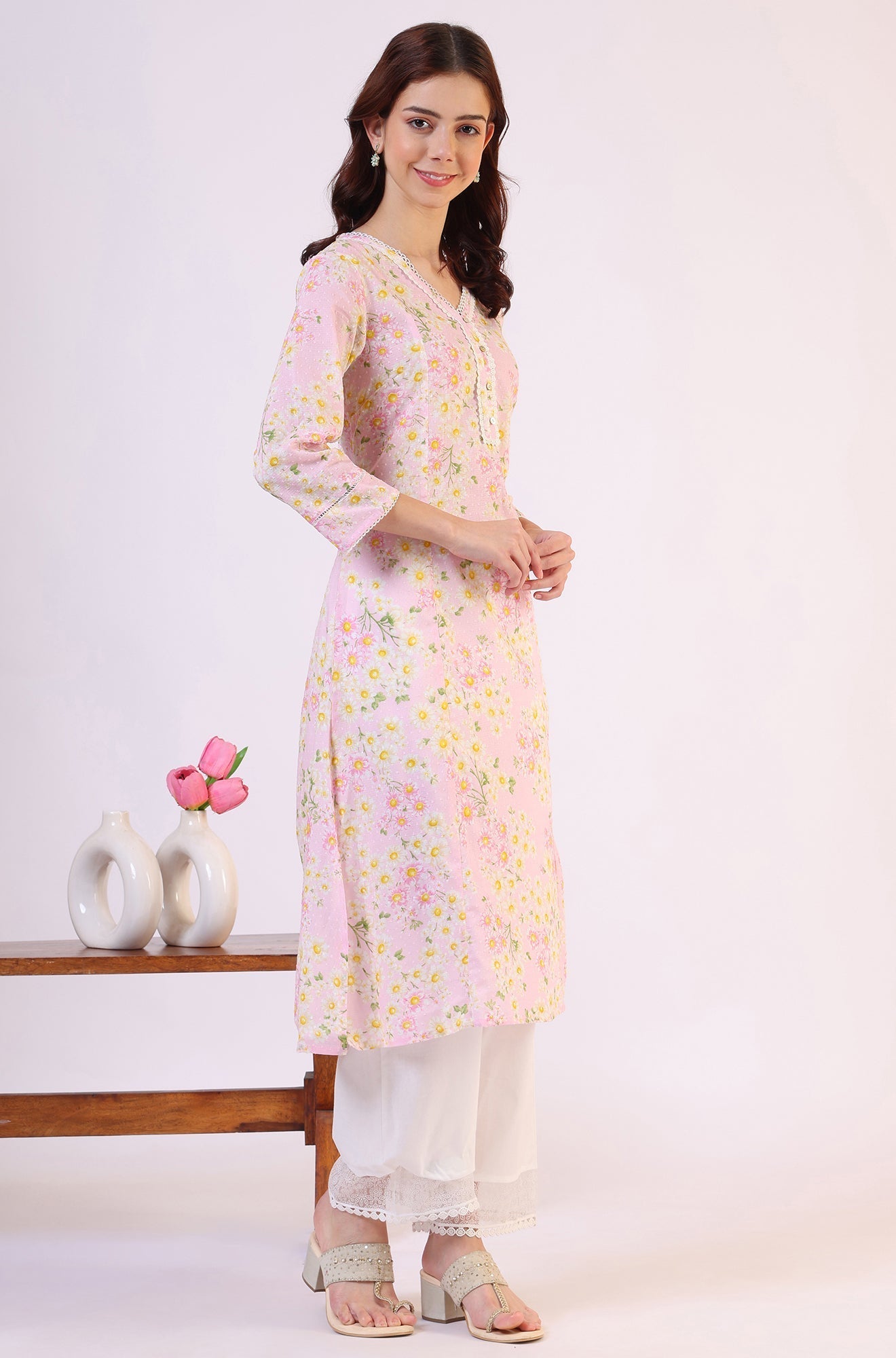 W for Woman Floral Printed Straight Pure Cotton Textured Kurta with Lace