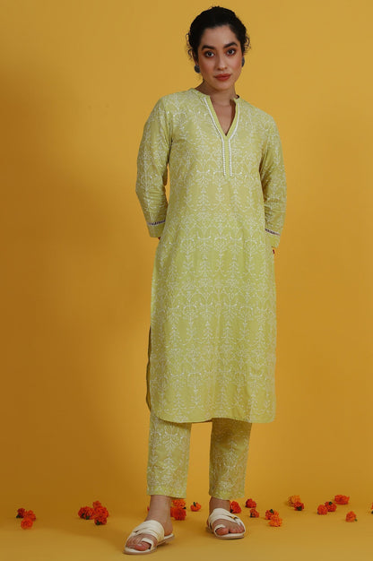 W for Woman Green Embroidered Straight Pure Cotton Kurta