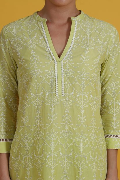 W for Woman Green Embroidered Straight Pure Cotton Kurta