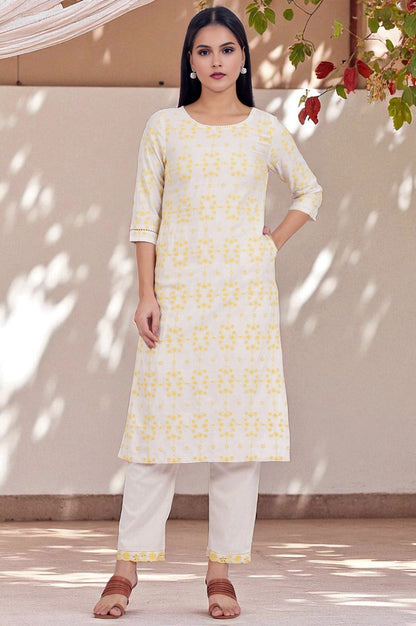 W for Woman Beige Schiffli Embroidered Straight Rayon Flax Kurta