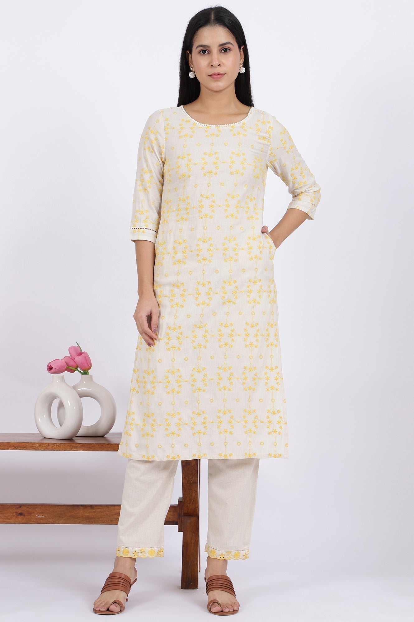 W for Woman Beige Schiffli Embroidered Straight Rayon Flax Kurta