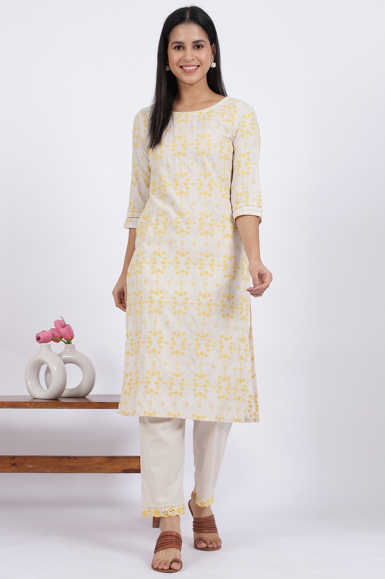 W for Woman Beige Schiffli Embroidered Straight Rayon Flax Kurta