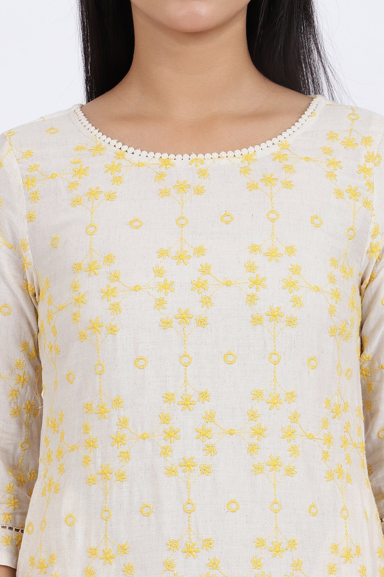 W for Woman Beige Schiffli Embroidered Straight Rayon Flax Kurta