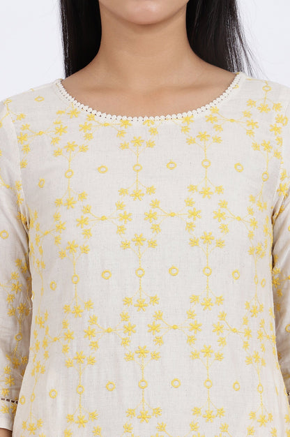 W for Woman Beige Schiffli Embroidered Straight Rayon Flax Kurta