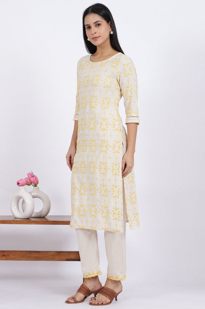 W for Woman Beige Schiffli Embroidered Straight Rayon Flax Kurta