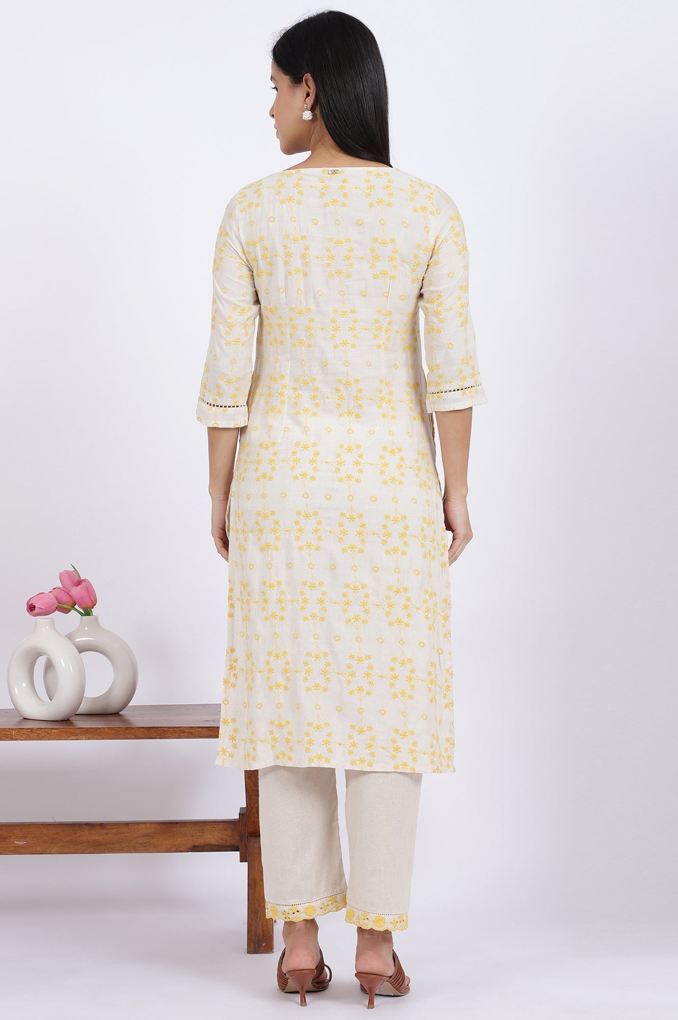 W for Woman Beige Schiffli Embroidered Straight Rayon Flax Kurta