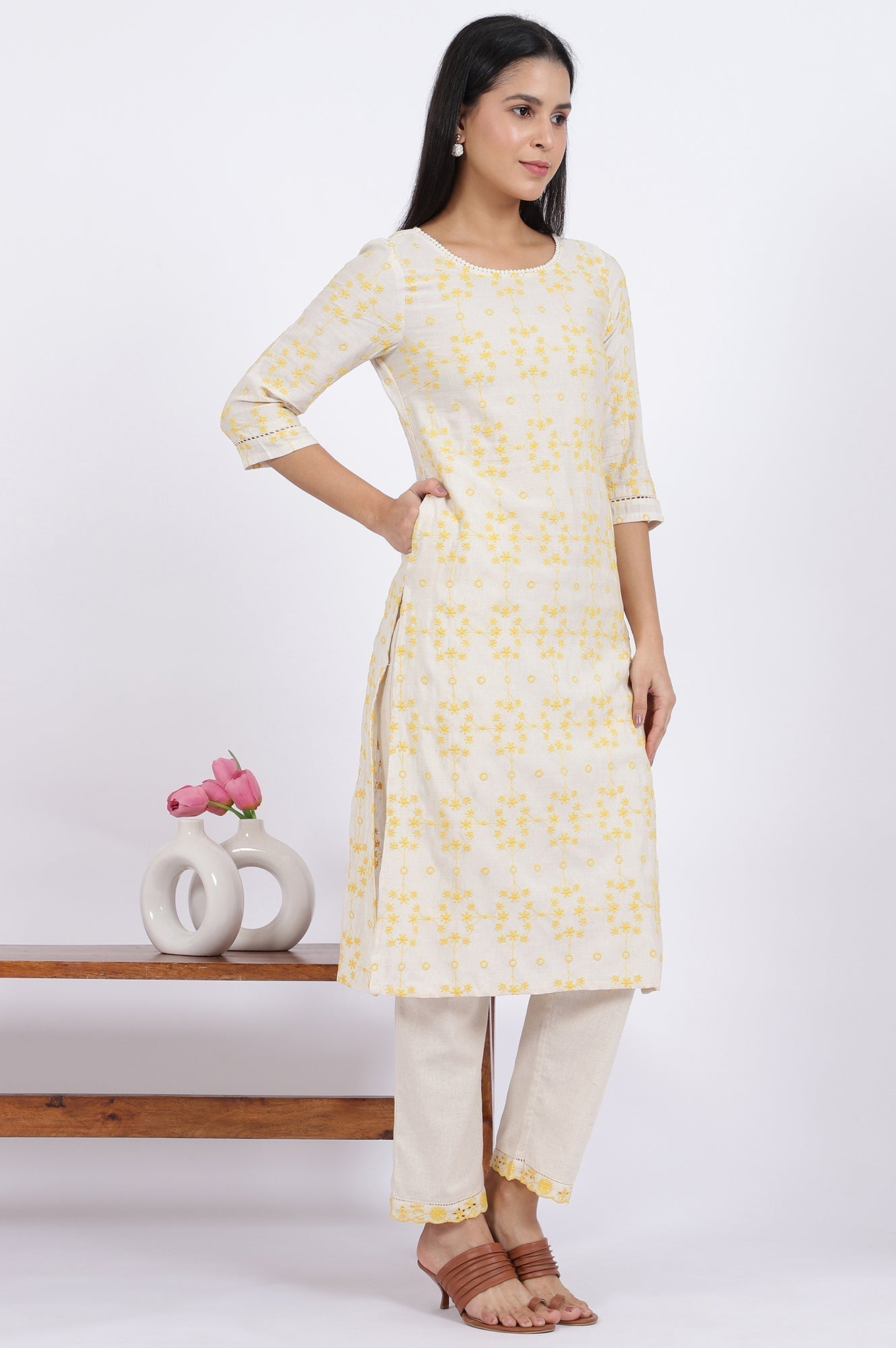 W for Woman Beige Schiffli Embroidered Straight Rayon Flax Kurta