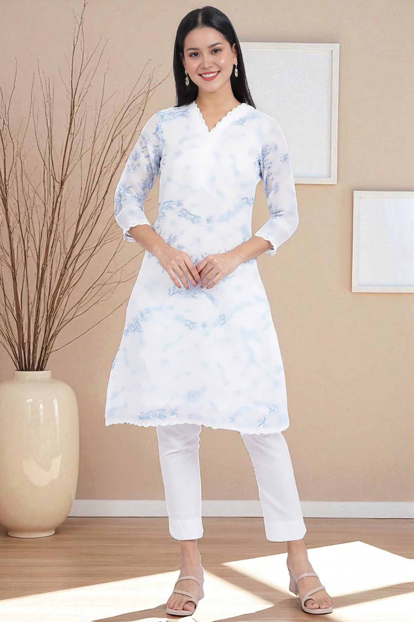 W for Woman Beige Printed Lace Straight Polyester Kurta