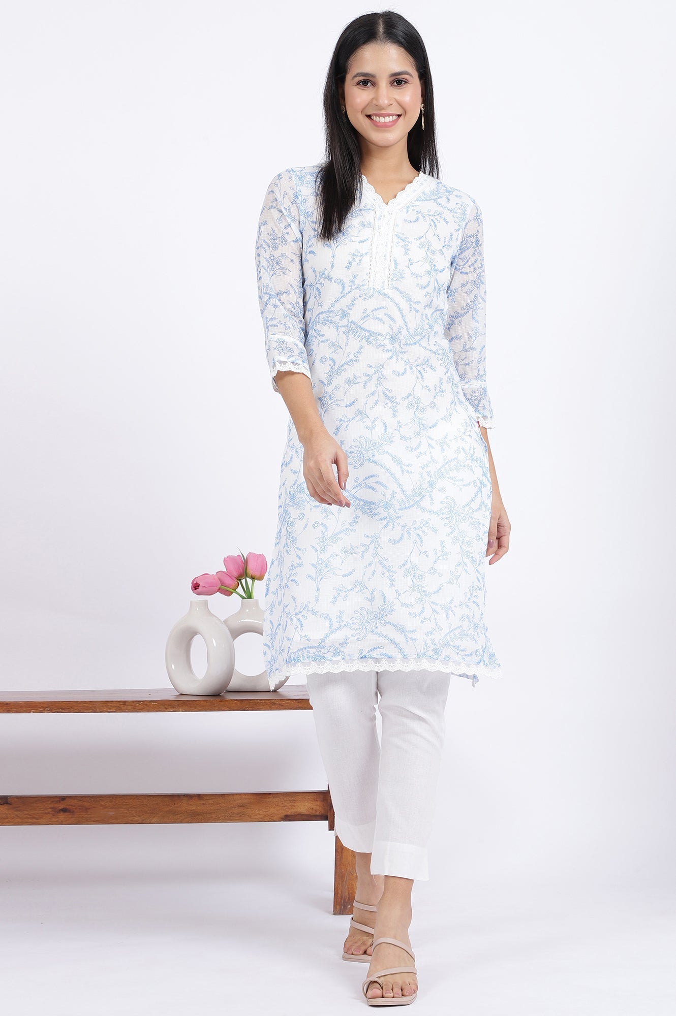 W for Woman Beige Printed Lace Straight Polyester Kurta