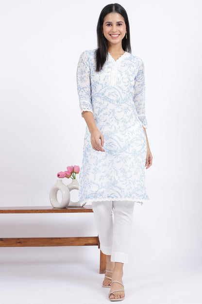 W for Woman Beige Printed Lace Straight Polyester Kurta