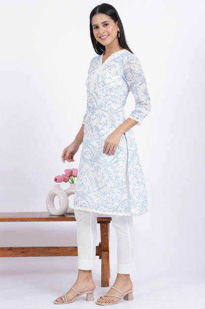 W for Woman Beige Printed Lace Straight Polyester Kurta