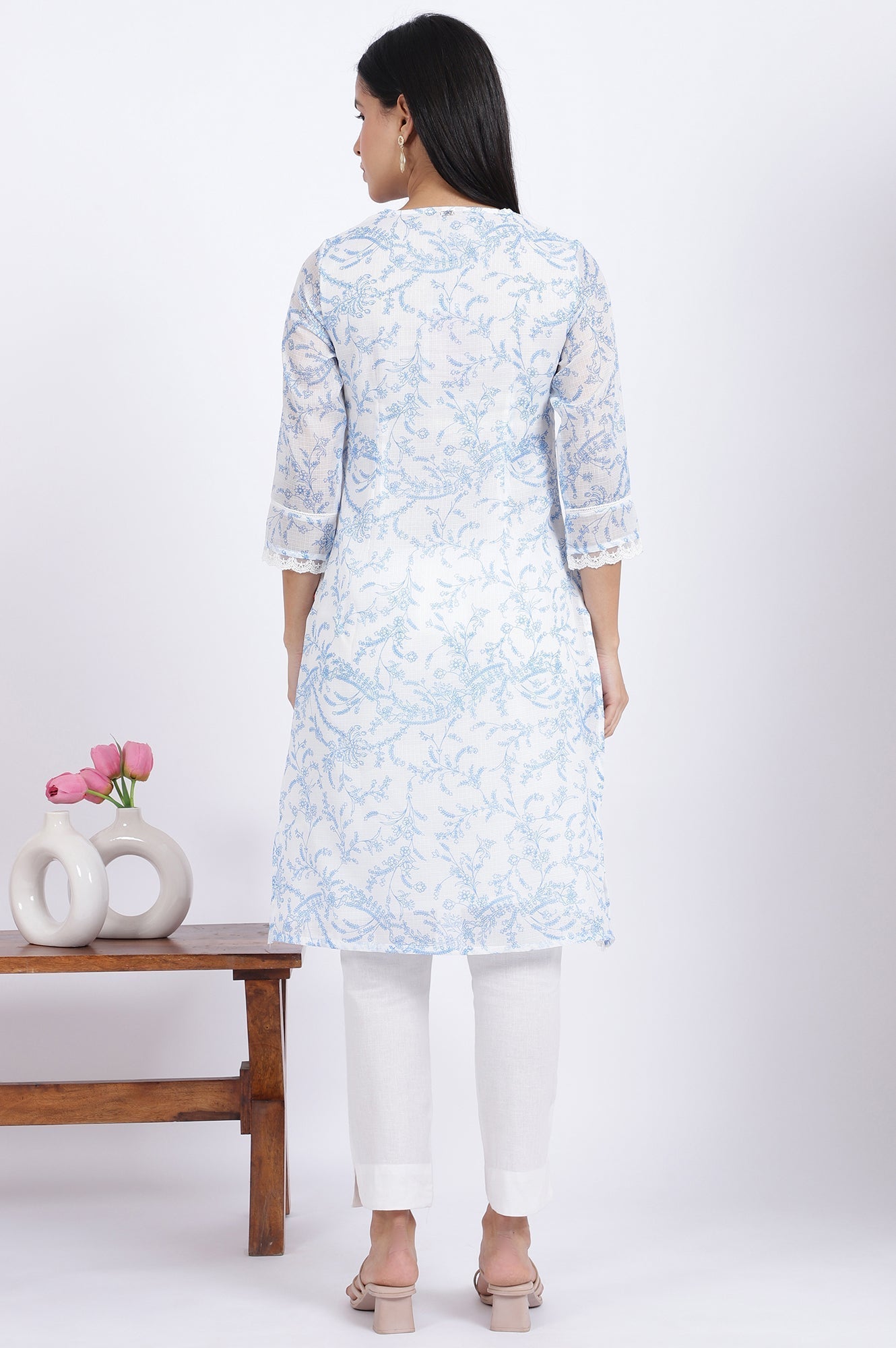 W for Woman Beige Printed Lace Straight Polyester Kurta