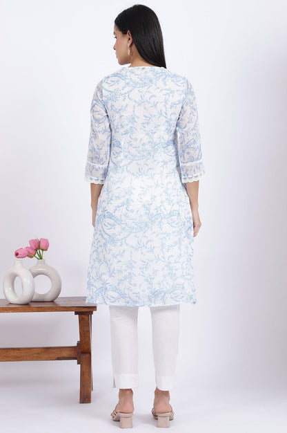 W for Woman Beige Printed Lace Straight Polyester Kurta