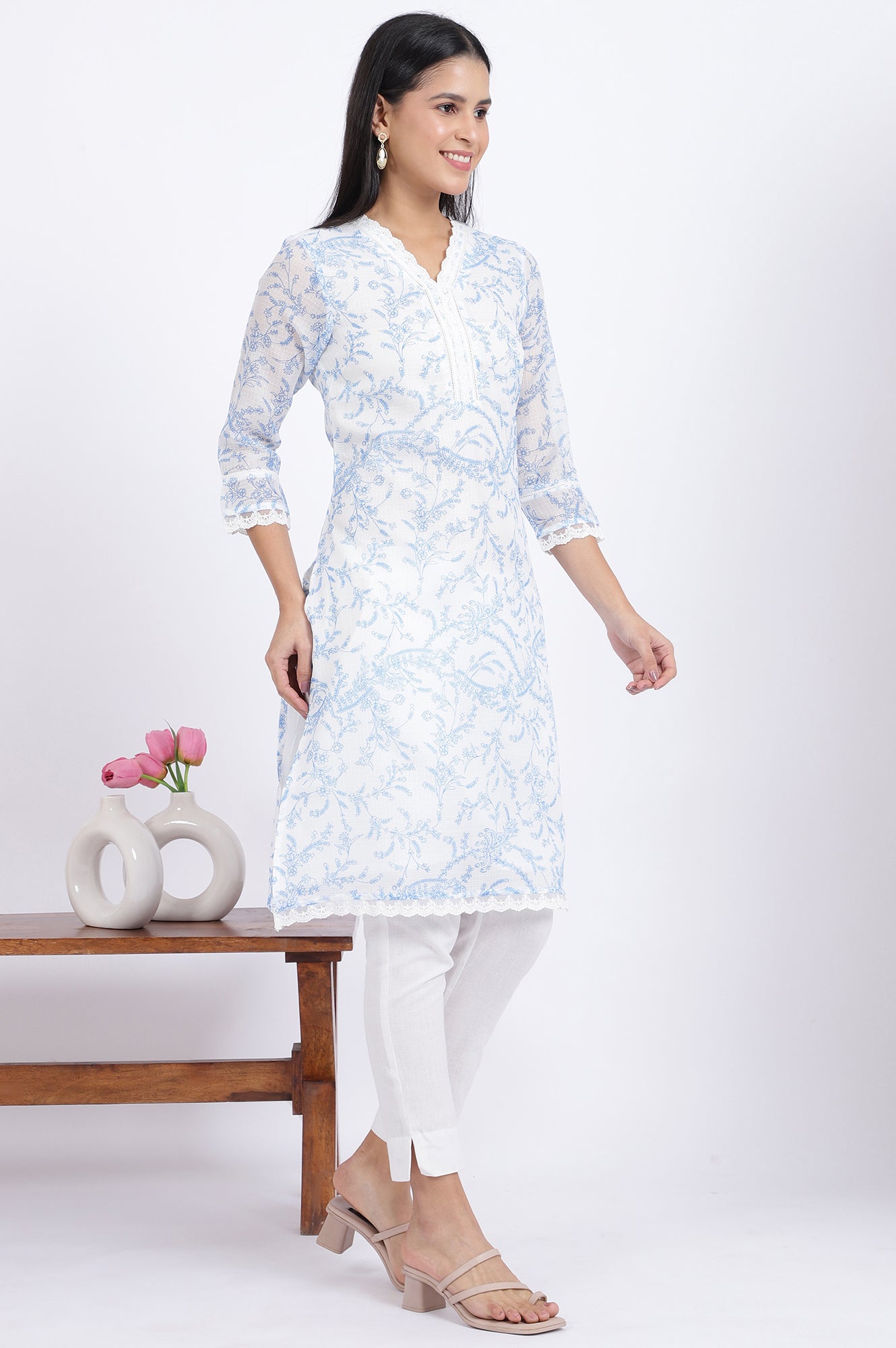 W for Woman Beige Printed Lace Straight Polyester Kurta