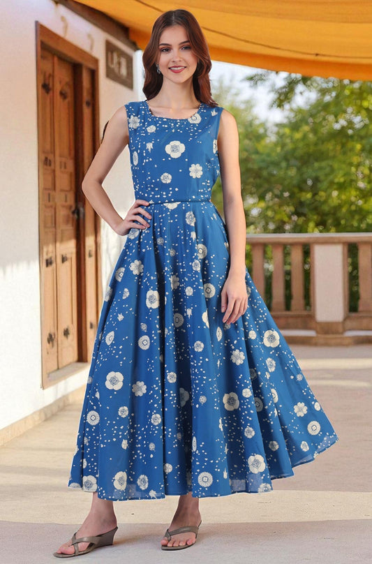 W for Woman Ocean Blue Floral Printed Pure Cotton Flared Dress in Boat Neck