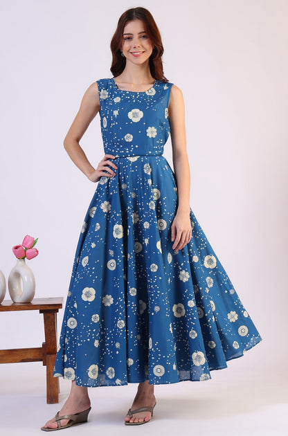 W for Woman Ocean Blue Floral Printed Pure Cotton Flared Dress in Boat Neck