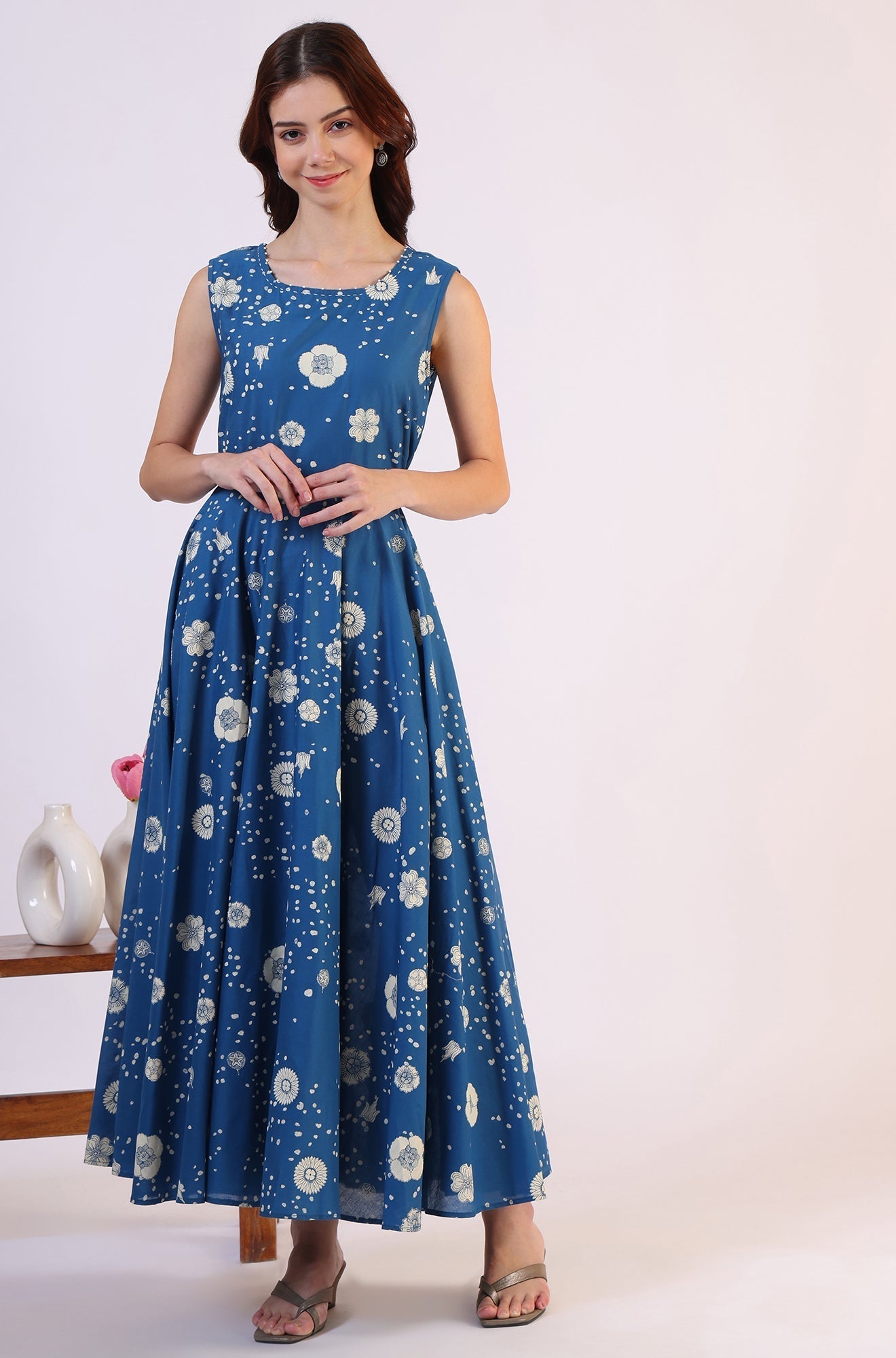 W for Woman Ocean Blue Floral Printed Pure Cotton Flared Dress in Boat Neck