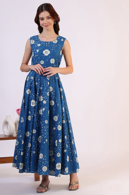 W for Woman Ocean Blue Floral Printed Pure Cotton Flared Dress in Boat Neck