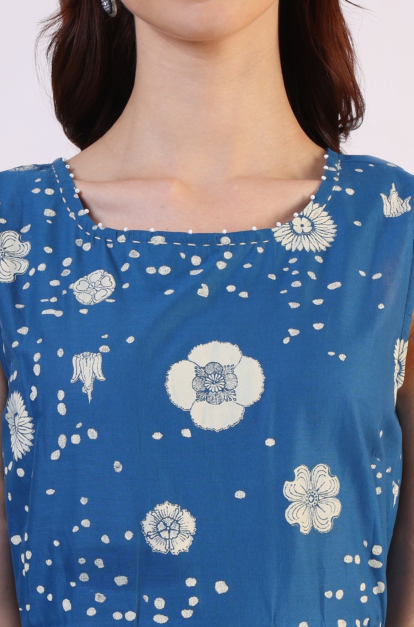 W for Woman Ocean Blue Floral Printed Pure Cotton Flared Dress in Boat Neck