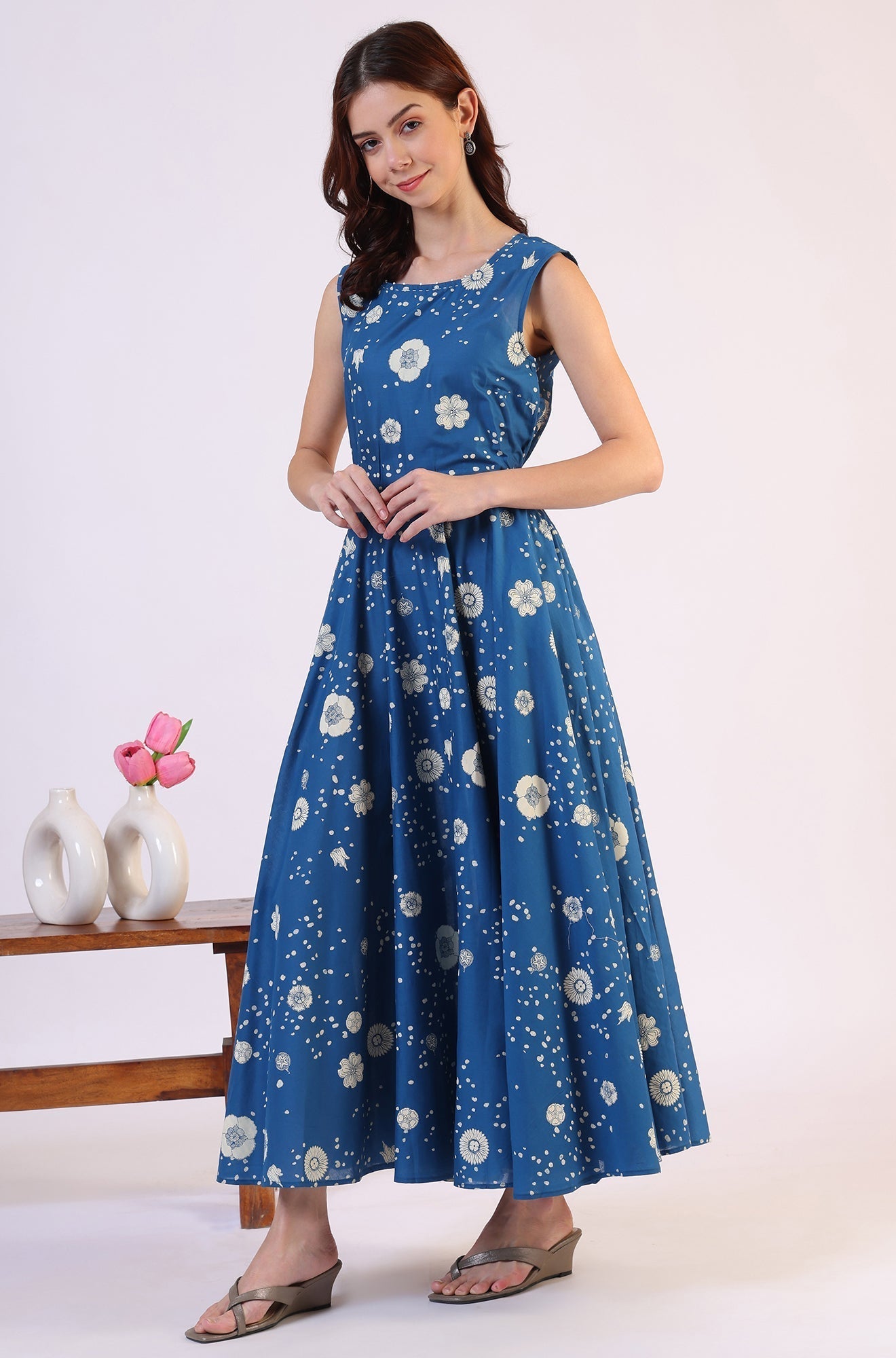 W for Woman Ocean Blue Floral Printed Pure Cotton Flared Dress in Boat Neck