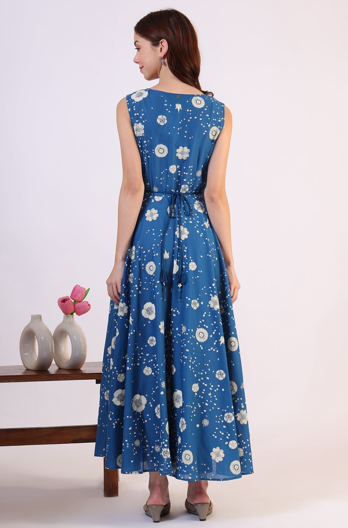 W for Woman Ocean Blue Floral Printed Pure Cotton Flared Dress in Boat Neck
