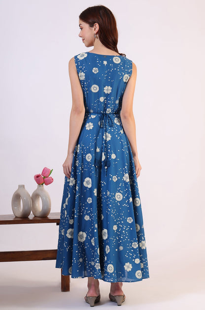 W for Woman Ocean Blue Floral Printed Pure Cotton Flared Dress in Boat Neck