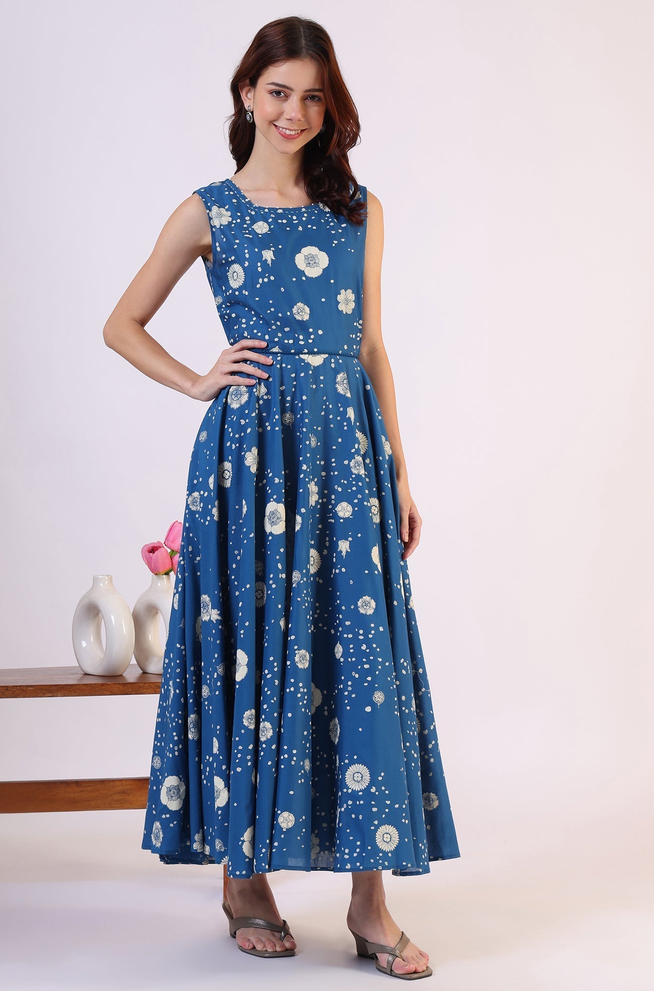 W for Woman Ocean Blue Floral Printed Pure Cotton Flared Dress in Boat Neck