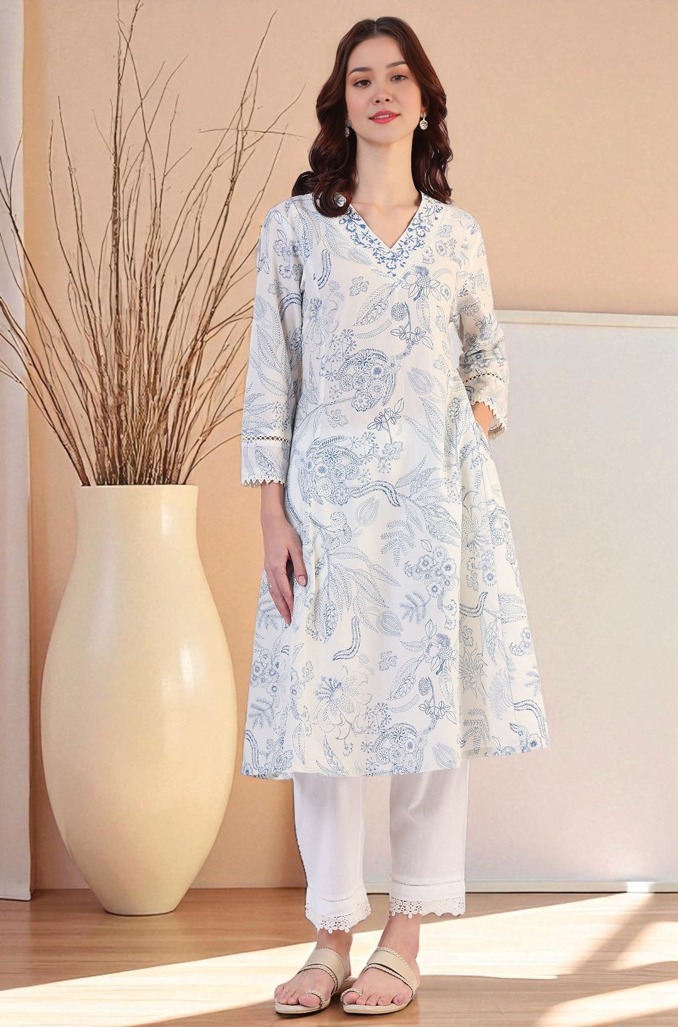 W for Woman White Floral Printed Pure Cotton A-line Kurta with Kantha Embroidery