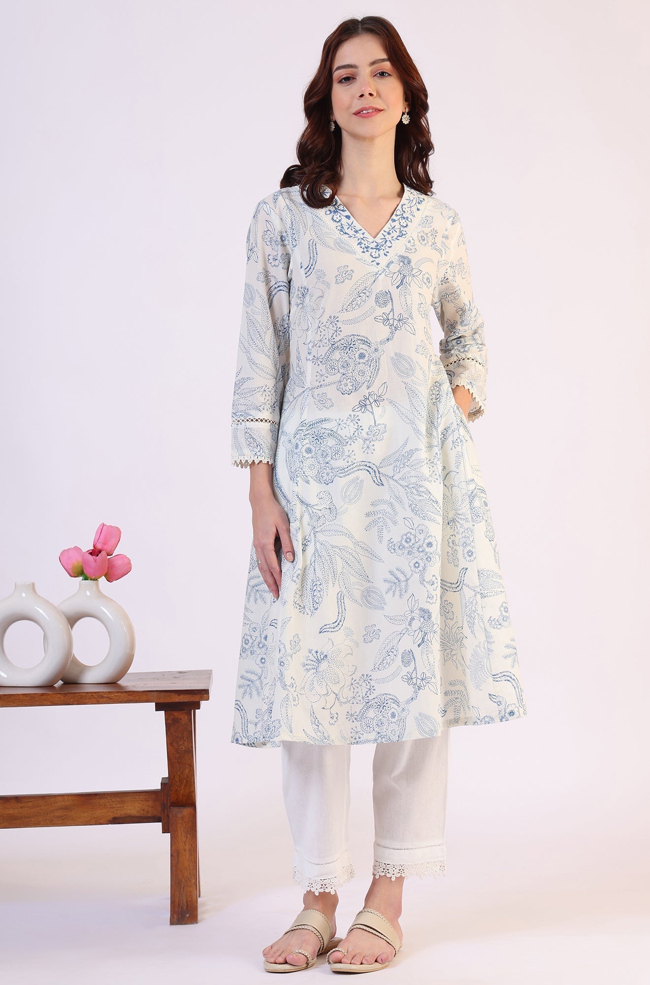W for Woman White Floral Printed Pure Cotton A-line Kurta with Kantha Embroidery