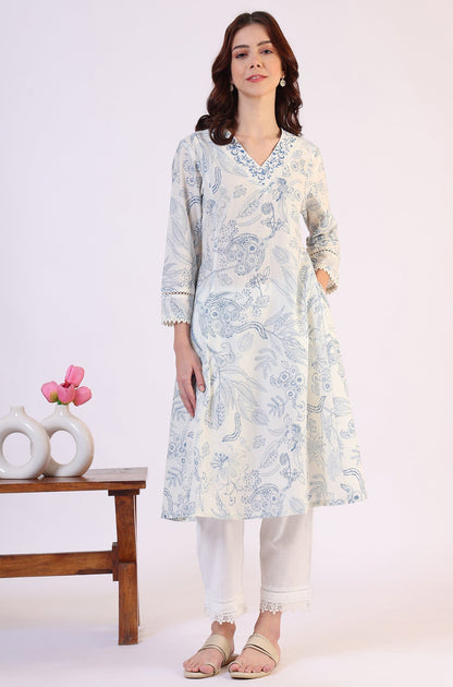 W for Woman White Floral Printed Pure Cotton A-line Kurta with Kantha Embroidery
